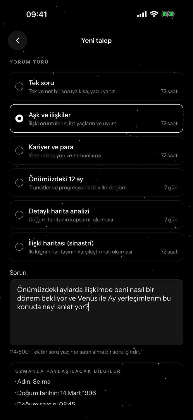 Uzman yorumu talep ekranı: konular, fiyatlar ve teslim süreleri